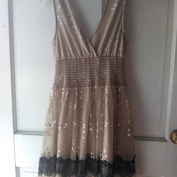 Pinky Dresses & Skirts - Gold and Silver Shimmer Dress with Black Lace Trim